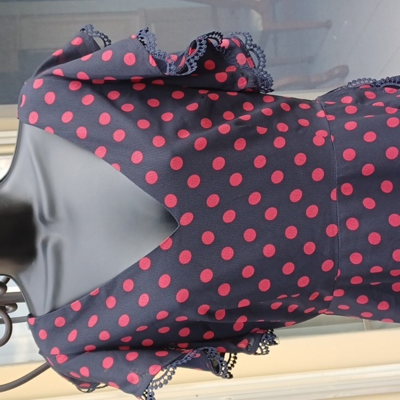 BB Dakota Dress 8 Black Red Polka Dot Lace V Ruffled, Pin Up Gothic Punk Cosplay - Picture 2 of 11